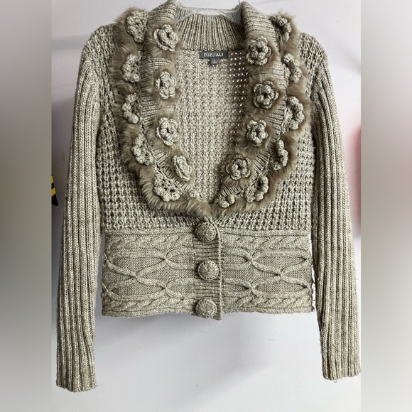 Roz & Ali Women’s Wool Blend Cardigan, Size Small, Faux Fur Trim, Taupe/Tan - Picture 1 of 3